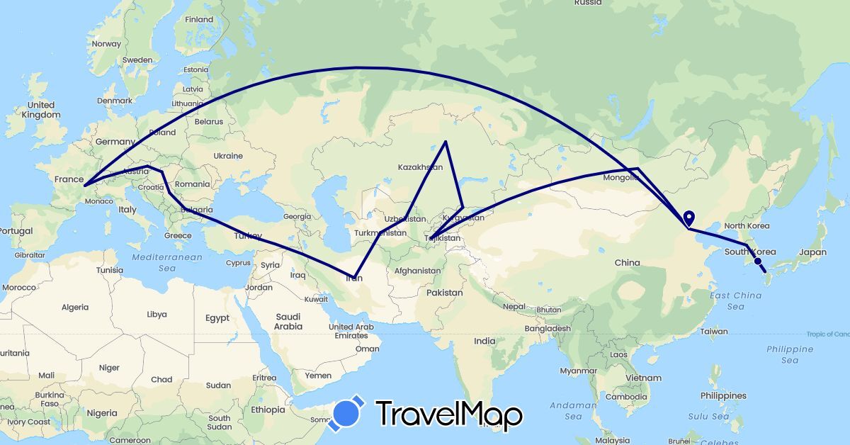 TravelMap itinerary: driving in Austria, Switzerland, France, Hungary, Japan, Kyrgyzstan, South Korea, Kazakhstan, Mongolia, Serbia, Tajikistan, Turkmenistan, Turkey, Uzbekistan (Asia, Europe)